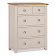 Beige chest of drawers with wooden top on a white background