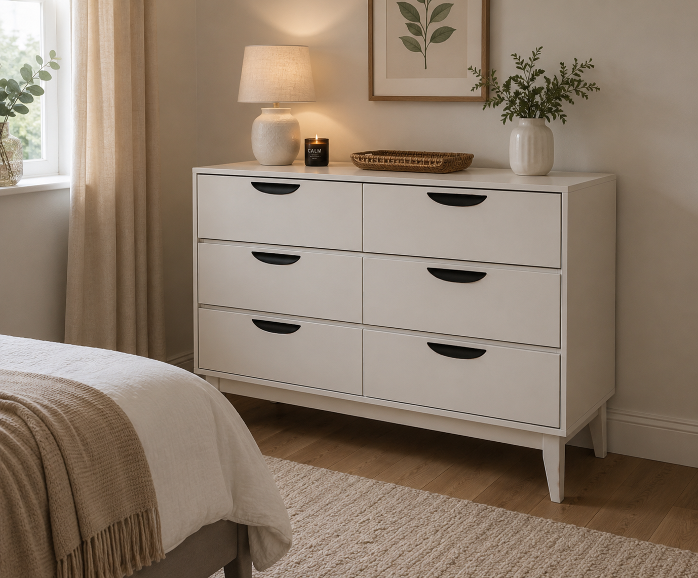 Luna Taupe 6 Drawer Chest for Bedroom Storage with Black Handles