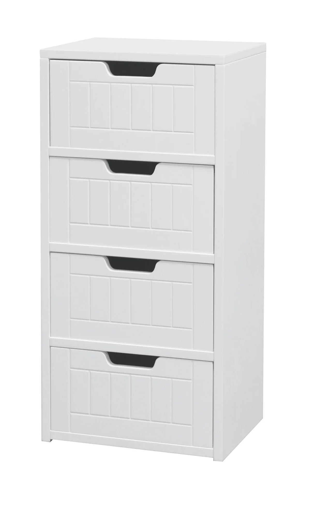 White wooden cabinet with four drawers on a white background