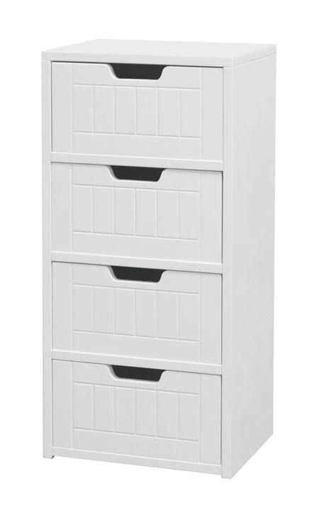 White wooden cabinet with four drawers on a white background