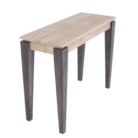 Wooden table with gray legs on a white background