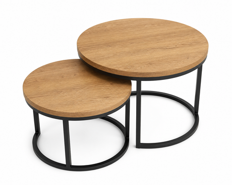Munich Nested Oak Coffe Tables with black metal bases 