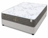 Mattress with floral patterned cover and visible brand logo on a white background