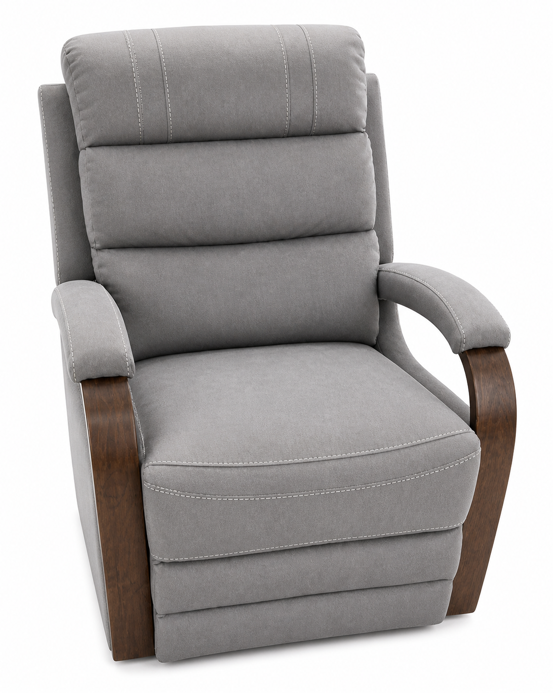 Gray recliner chair with wooden armrests on a white background
