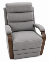 Gray recliner chair with wooden armrests on a white background