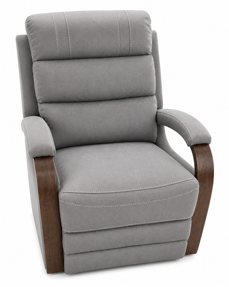 Gray recliner chair with wooden armrests on a white background