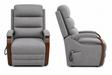 Two gray recliners with wooden armrests on a white background