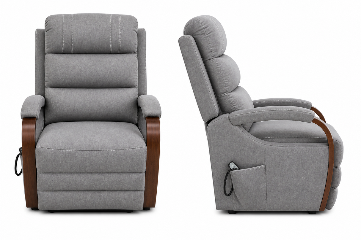Two gray recliners with wooden armrests on a white background
