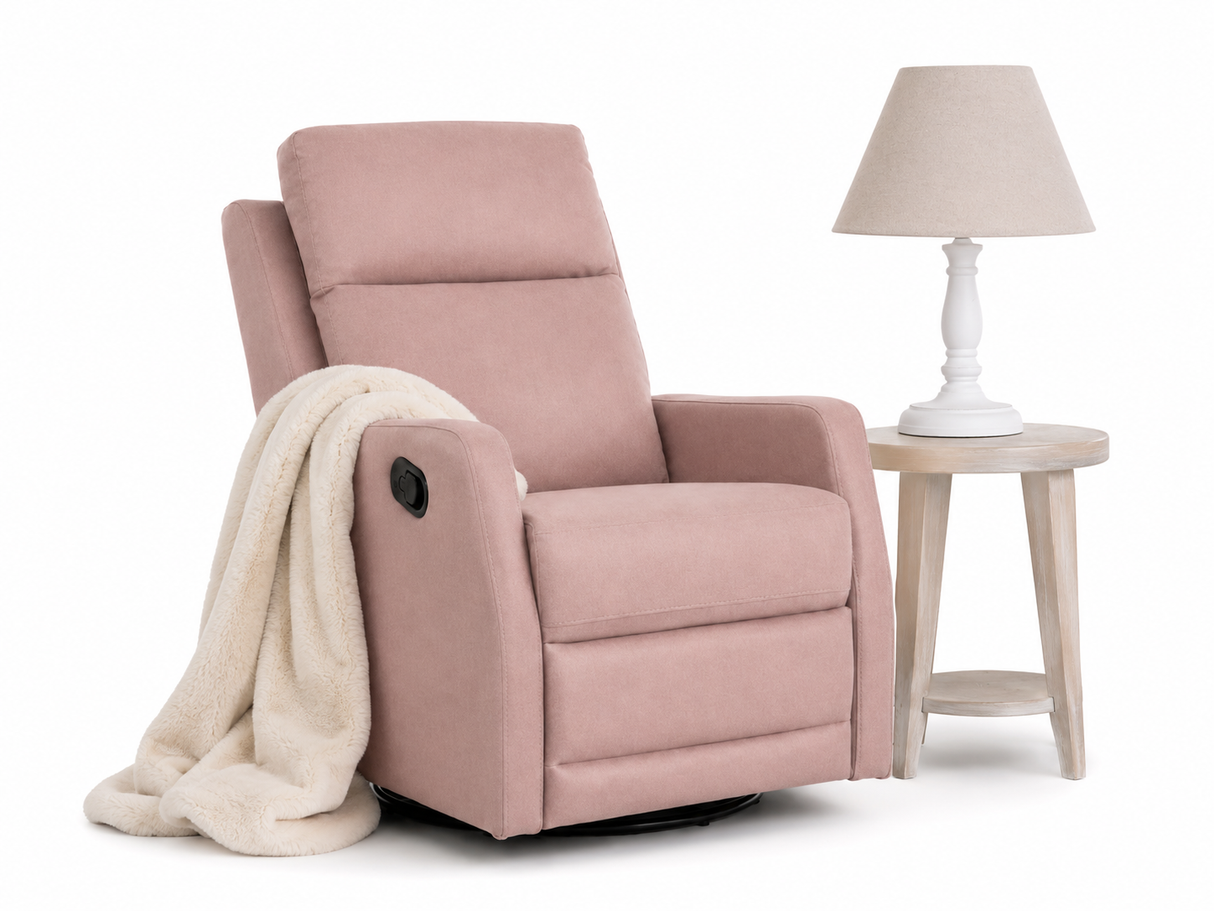 Pink recliner chair with a blanket and a side table with a lamp on a white background