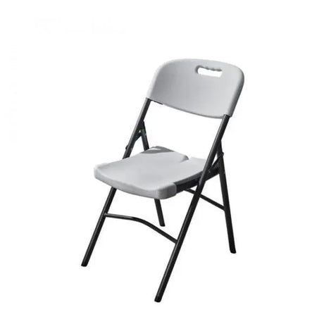 Durable blow moulded folding chair with a sturdy steel frame for indoor and outdoor use.