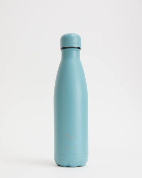 Reusable matte blue insulated water bottle for hot and cold drinks.