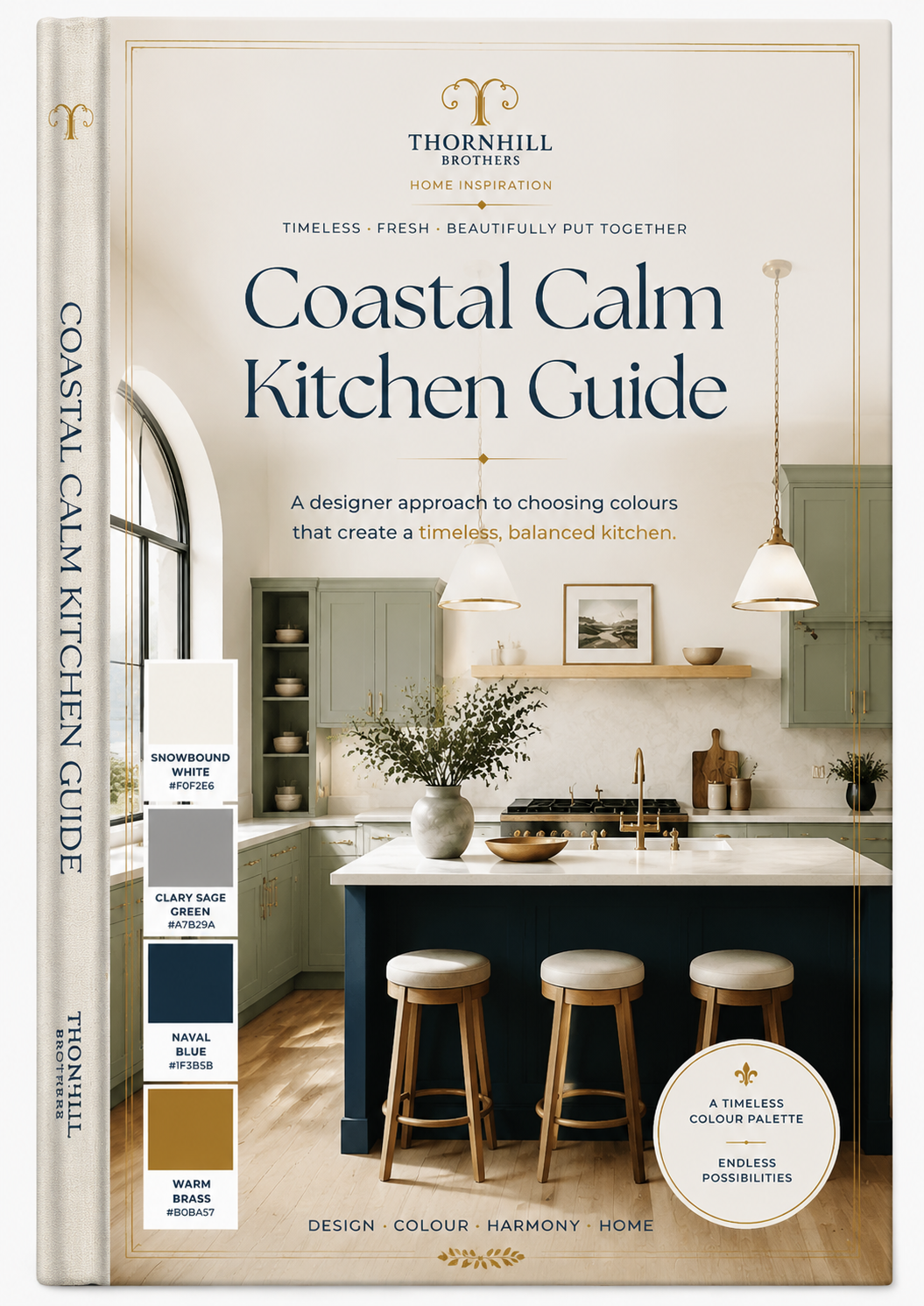The front and spine of the book 'Coastal Calm Kitchen Guide' by Thornhill Brothers are shown against a clean white background. The cover features a photograph of a kitchen with sage green cabinets, a cream marble island, and a dark navy base, alongside color palette swatches.