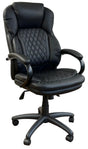 Black office chair in a modern office setting with desks and decor.