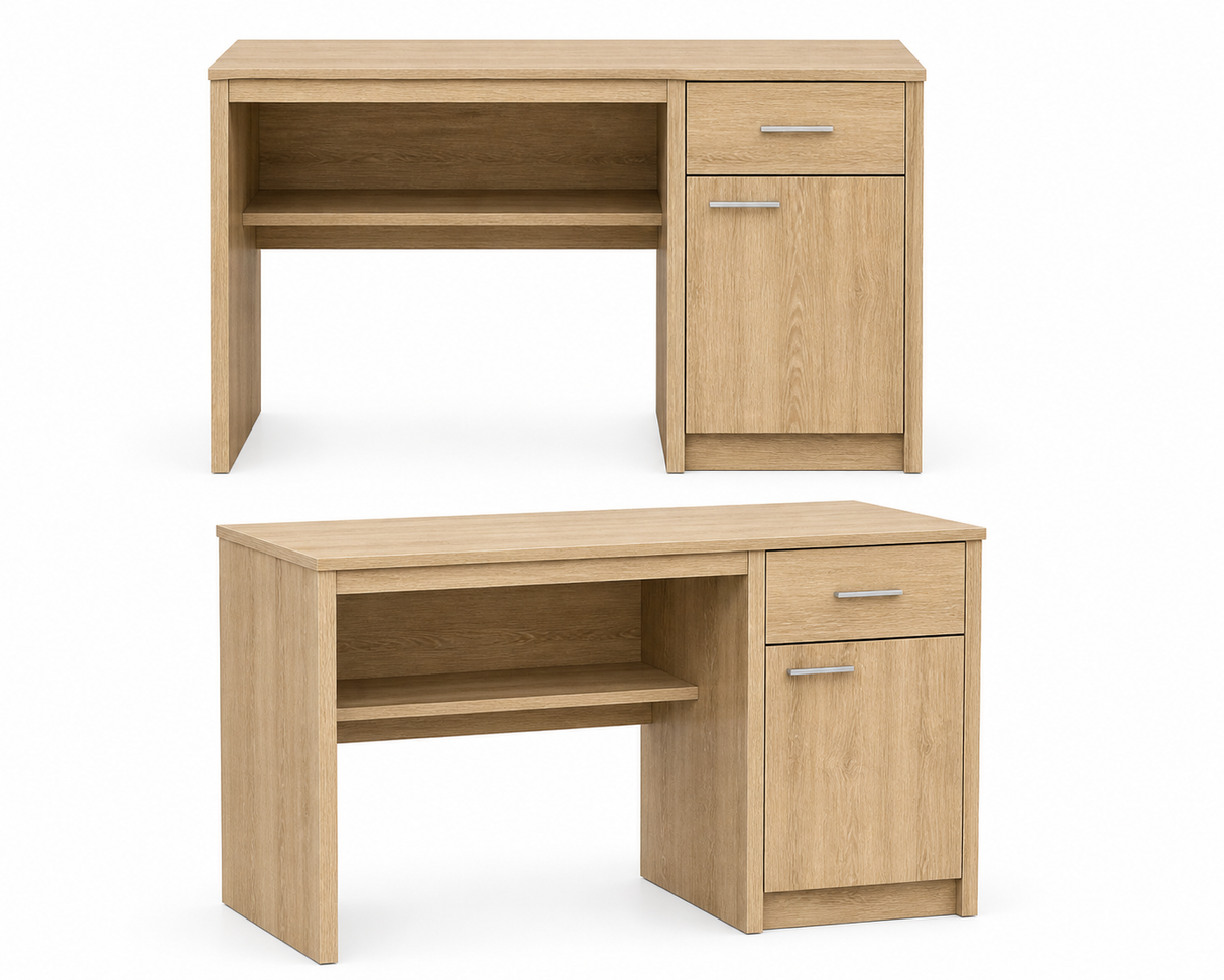 Two wooden desks with drawers on a white background