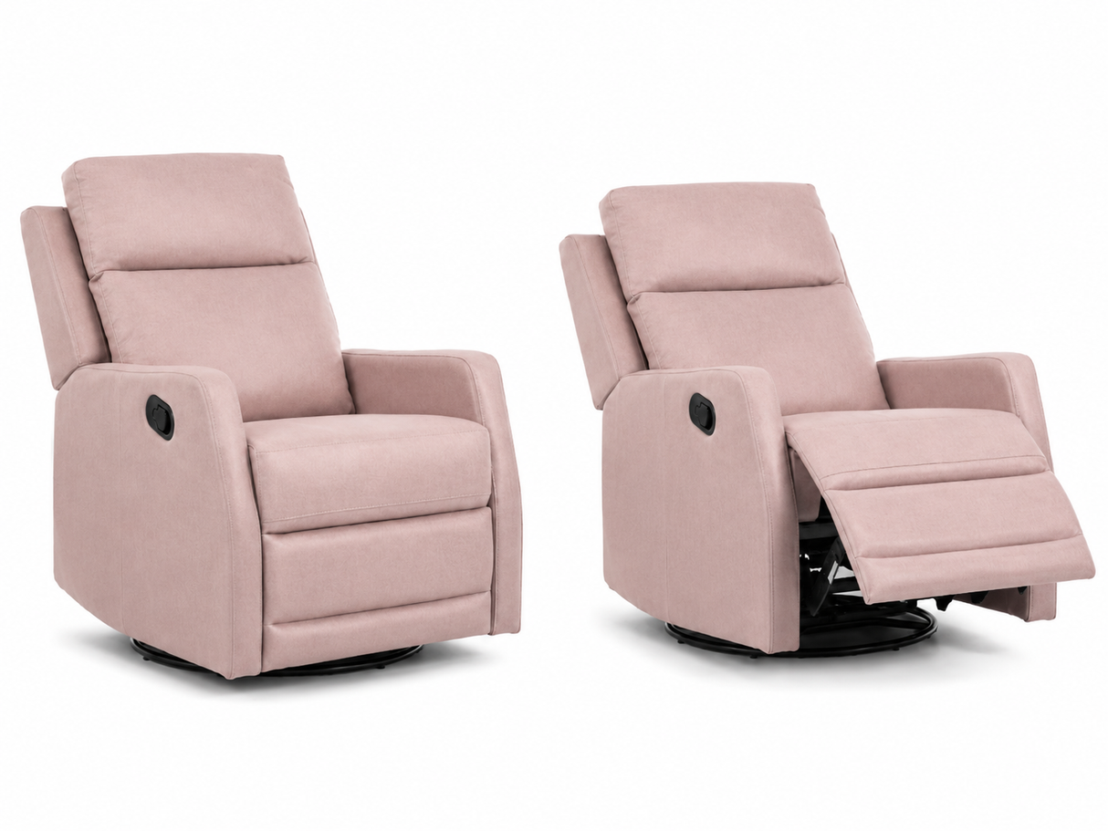 Dusty Pink COMO Recliner Chairs Bundle featuring two soft cushioned recliners, one upright and one with footrest extended, on a clean white background.