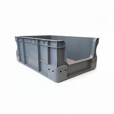 Durable grey storage crate for organizing household, office, and garage essentials.