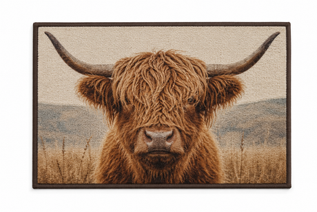 Highland Cow Hug Rug measuring 50 x 75cm for trapping dirt and moisture at home entrances.