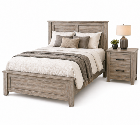 Wooden bed with bedding and a nightstand with a lamp on a white background