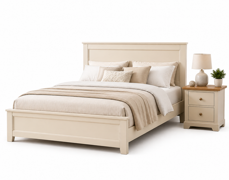 Beige bedroom set with bed and nightstand on a white background