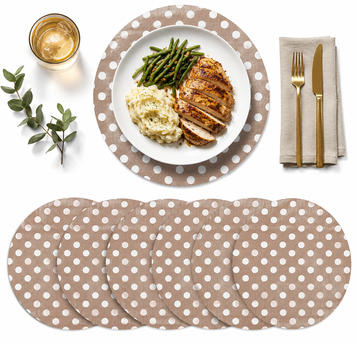 Retro Dot set of 6 placemats with a stylish vintage dot design for protecting dining tables during everyday meals and entertaining.
