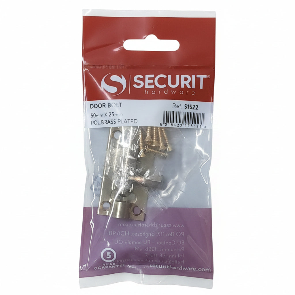 Door Bolt 50mm x 25mm Polished Brass Plated