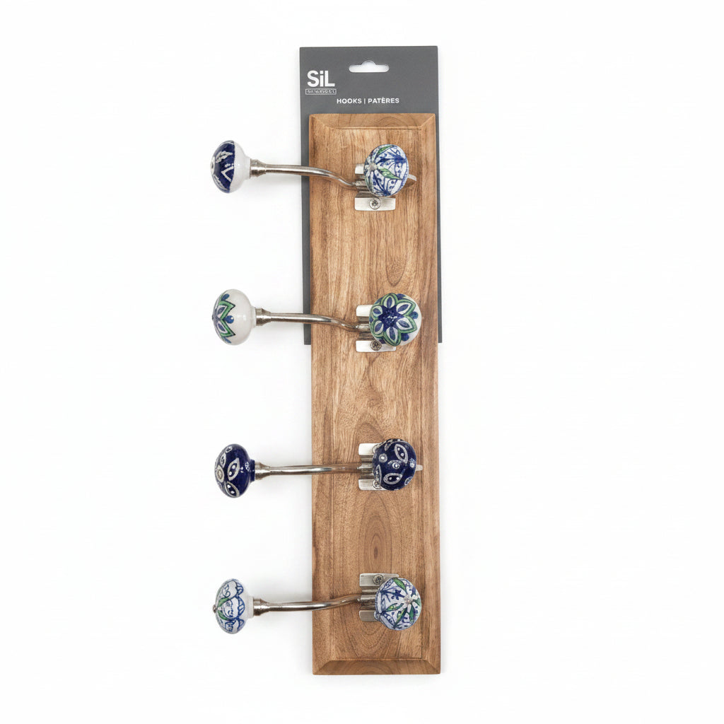 Large Blue Hooks on Wooden Base