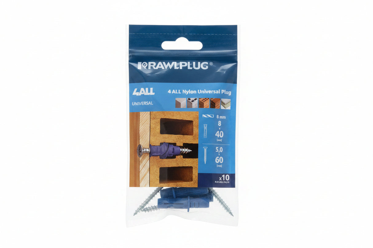 Rawlplug 4 All Universal Plug 8mm with Screws Pack of 10