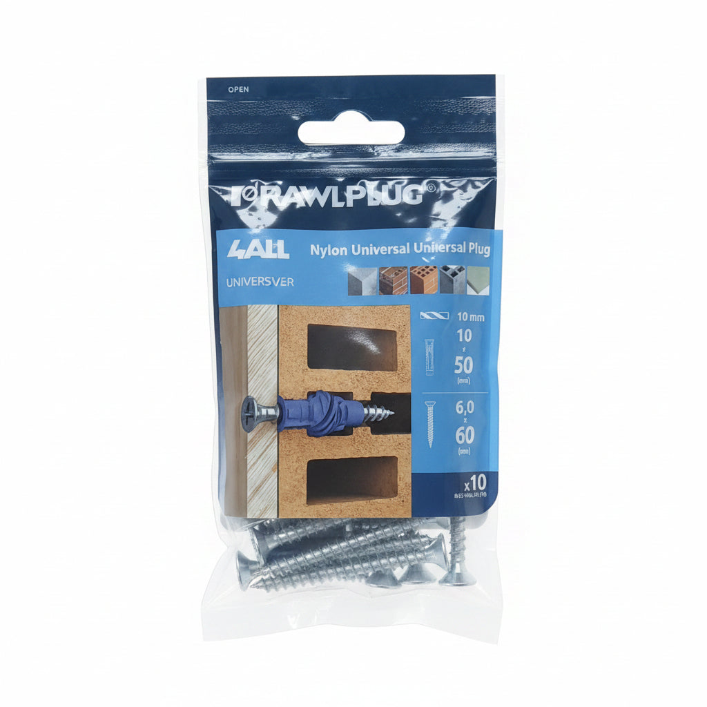 Rawlplug 4 All Nylon Universal Plug 10mm with Screws Pack of 10