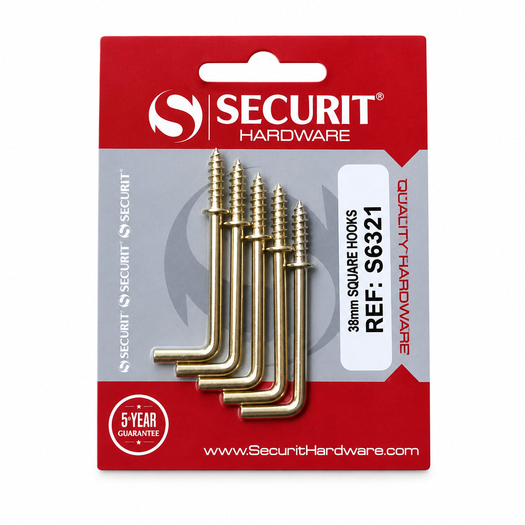 Brass Square Hook 38mm Pack of 5
