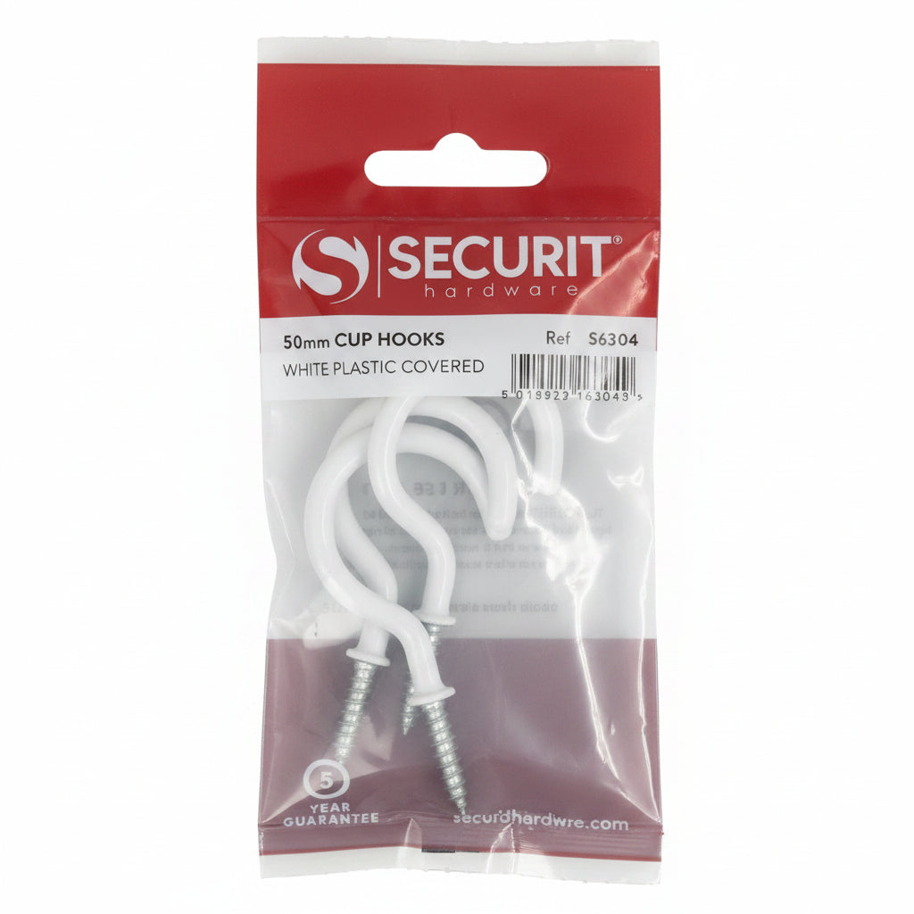 White Shouldered Cup Hooks 50mm Pack of 3