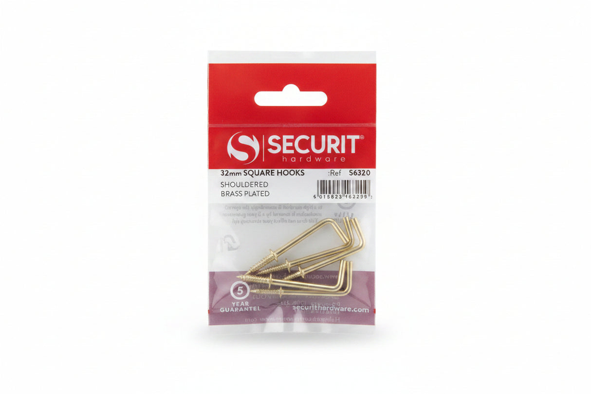 Brass Square Shouldered Hooks 32mm Pack of 5
