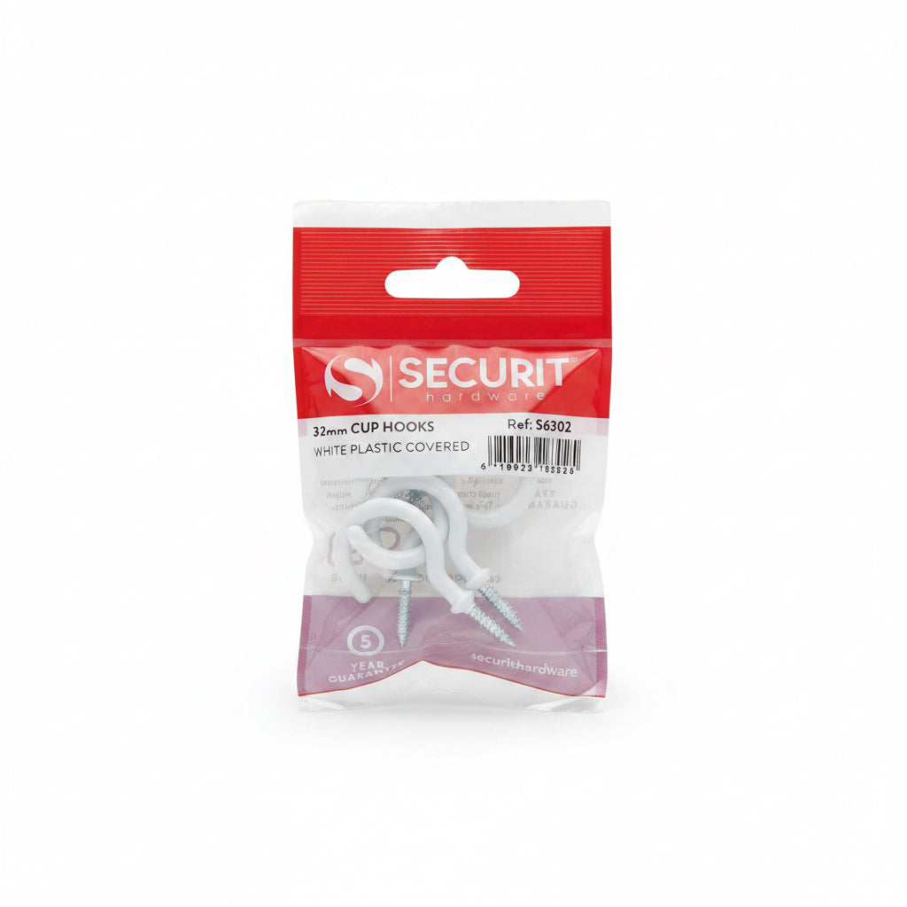 Cup Hooks 32mm White Plastic Covered Pack of 5