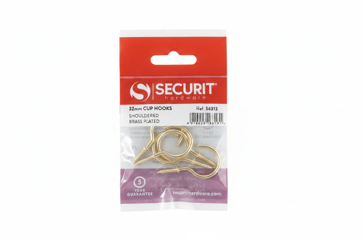 Brass Cup Hooks 32mm Pack of 5