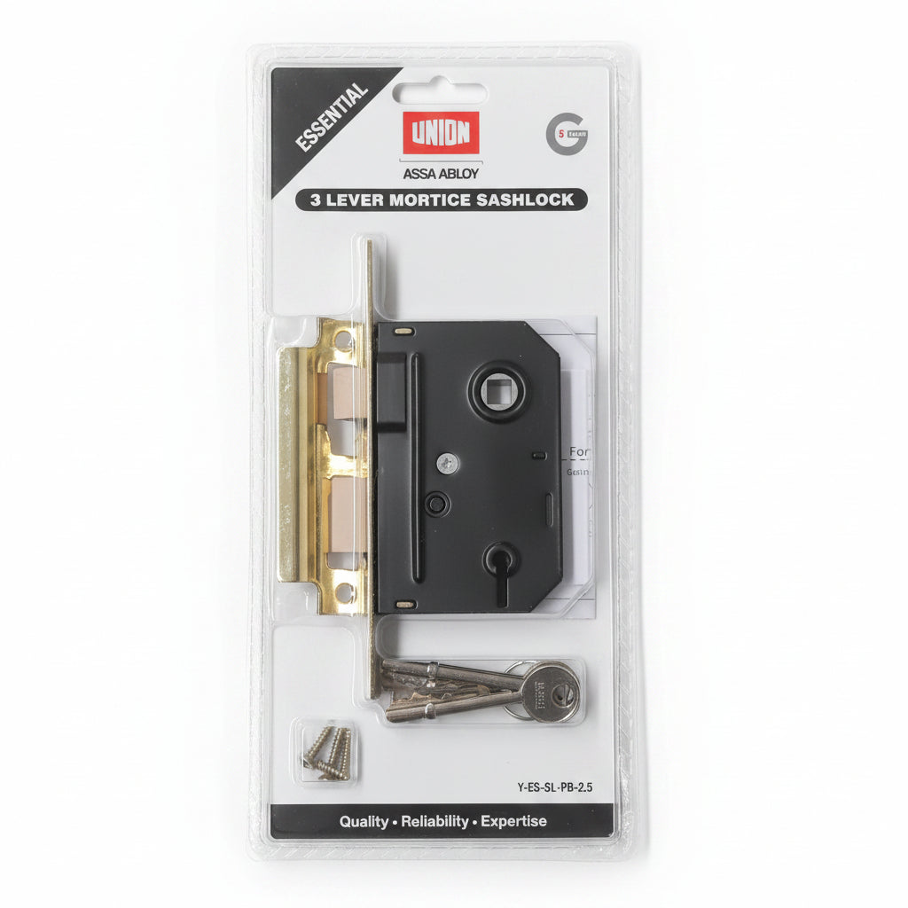 Union Essential 3 Lever Mortice Sashlock Polished Brass 2.5"