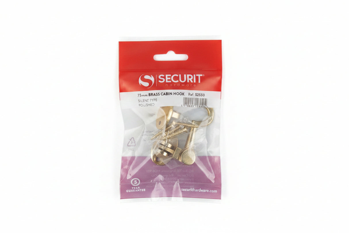 Brass Cabin Hook Silent Type Polished 75mm