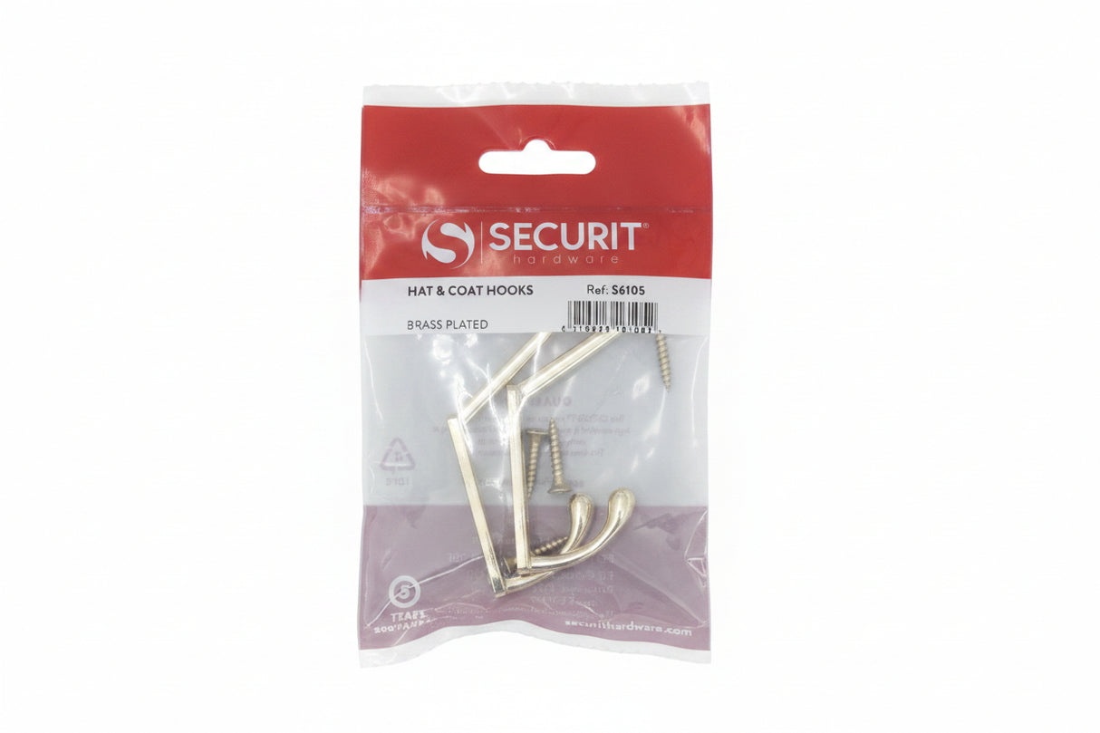 Hat & Coat Hooks Brass Plated Pack of 2