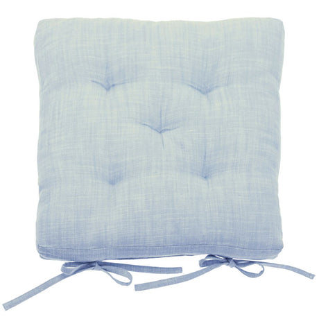 Chambray sky blue seat pad with ties measuring 38 x 38 x 5 cm for dining and kitchen chairs.
