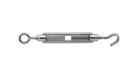Galvanised tension wrench, also known as a turnbuckle, with a looped end and a hook end, shown on a plain white background.
