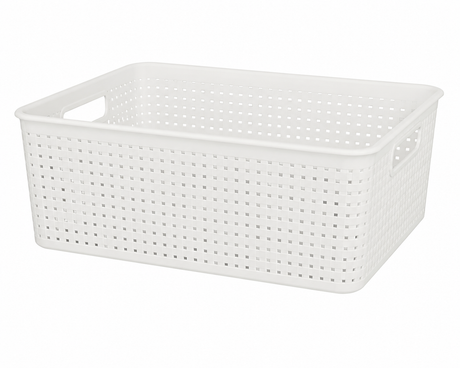 Rectangular Studio storage basket in iced white for organising household items.