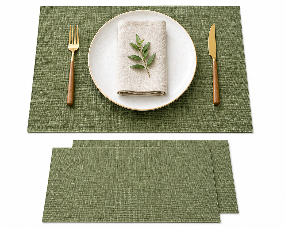 Green table mats set of 2 measuring 45 x 34cm for protecting dining tables during everyday meals and entertaining.