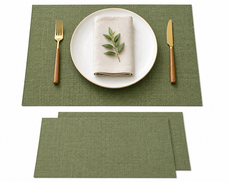 Green table mats set of 2 measuring 45 x 34cm for protecting dining tables during everyday meals and entertaining.