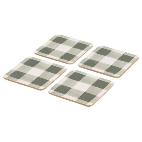 Woodbury Lane gingham coasters for protecting tables from heat, spills, and drink marks