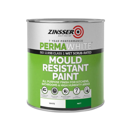 Zinsser Perma-White Matt 1L mould and mildew-resistant interior paint with a durable matt finish.